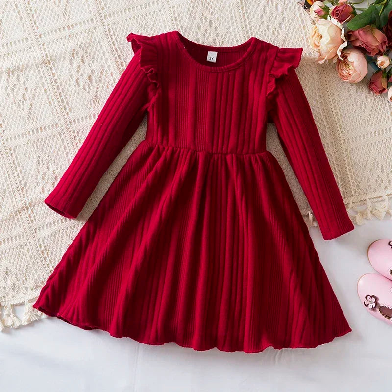 Girls Knit Dress for Autumn Winter Long Sleeve Kids Princess Dress Solid Fashion