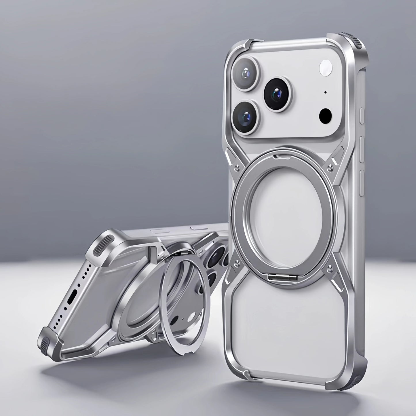 Metal Alloy Punk Frame Phone Case For iPhone 17 16 15 14 13 Pro Max 360 Rotating Bracket Magsafe Ring Magnet Stand Bumper Cover