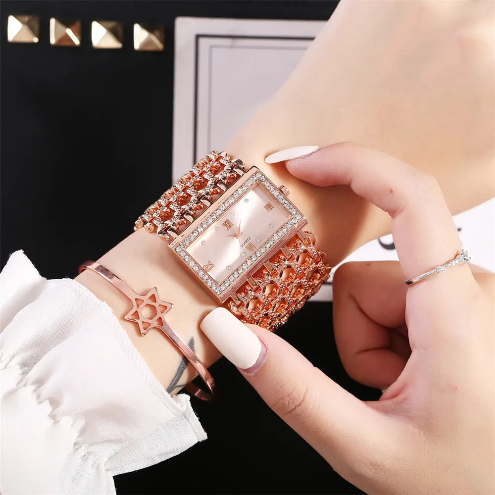 Luxury Ladies Simple Diamond Set Square Bracelet Quartz Watches Fashion Gold Stainless Steel Skeleton Women Clock Dress Watch