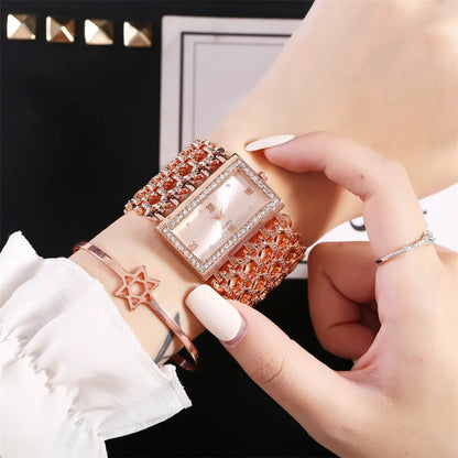 Luxury Ladies Simple Diamond Set Square Bracelet Quartz Watches Fashion Gold Stainless Steel Skeleton Women Clock Dress Watch