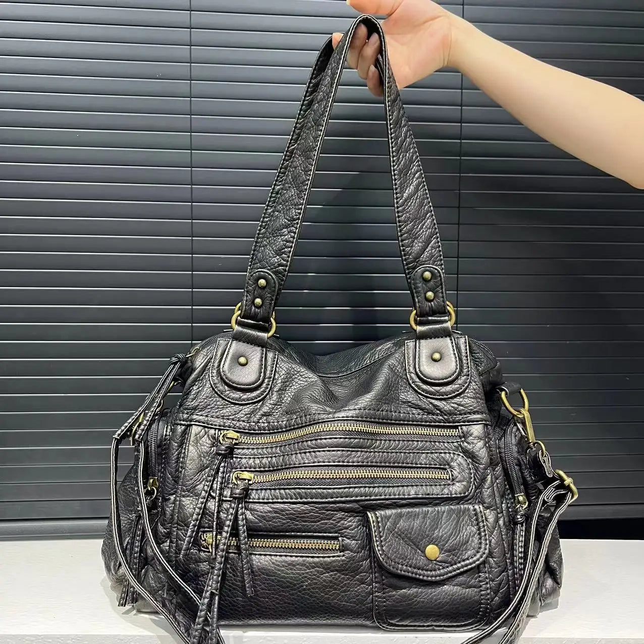 Y2K Single Shoulder Crossbody Bag Vintage Washed Leather Motorcycle Bag
