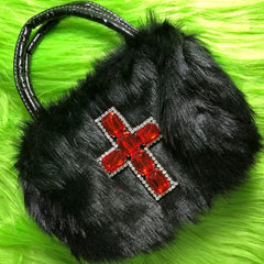 Y2k Gothic Handbag Soft Plush Black Cross Applique Shoulder Bag Fashion