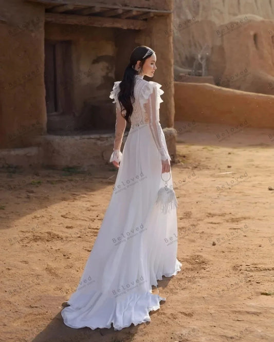White Bridesmaid Dresses: Wedding Dresses A-Line Chiffon Bridal Gowns Flare Sleeves