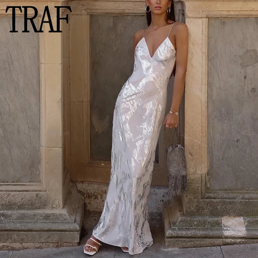 Formal attire Dresses: Long Dress Women Slip Backless Dress Woman Shiny Sleeveless