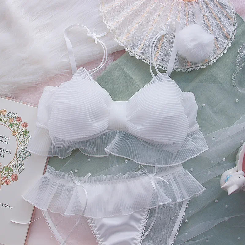 Japanese Bras Lolita Girls Folds Bow Lovely Underwear Set Mesh Sweet Rimless