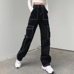 Biyaby Harajuku Pockets Patchwork Baggy Jeans Women Cargo Pants