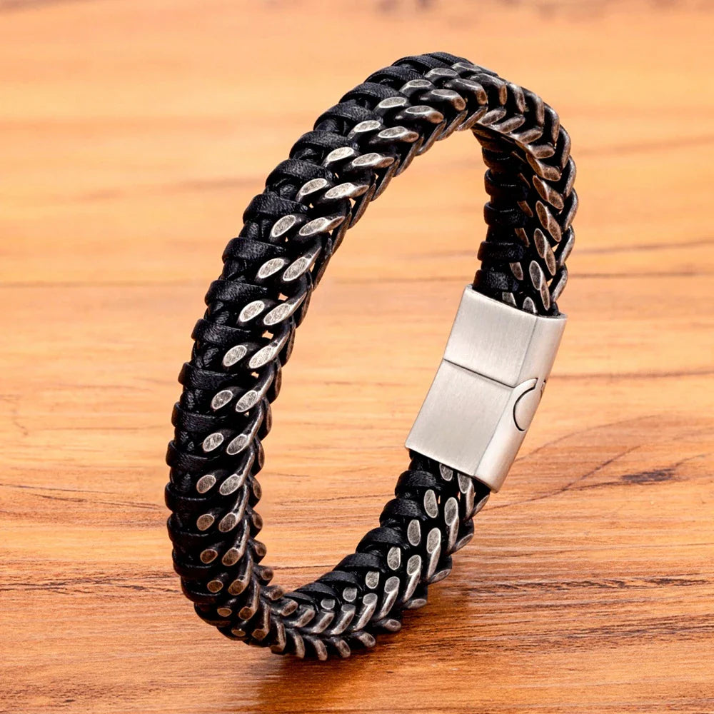 TYO New Fashion Stainless Steel Double Chain Braid Leather Mens Bracelet with Magnetic Buckle Best Gifts Whoesale Dropshipping