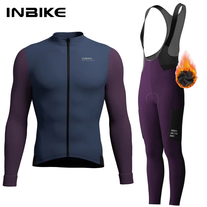 INBIKE Winter Cycling Clothing for Men Fleece Cycling Sets Long Sleeve Jersey with Pockets Long Bicycle Bib Pants for Road Bikes