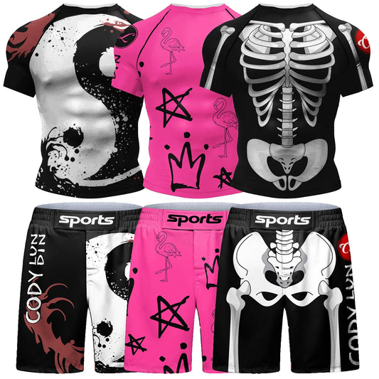Popular Beach Surf Wear Short Sets For jiu jitsu Bjj No Gi Rashguard+Grappling Shorts Cool Westling stretchy Running Gym Clothes