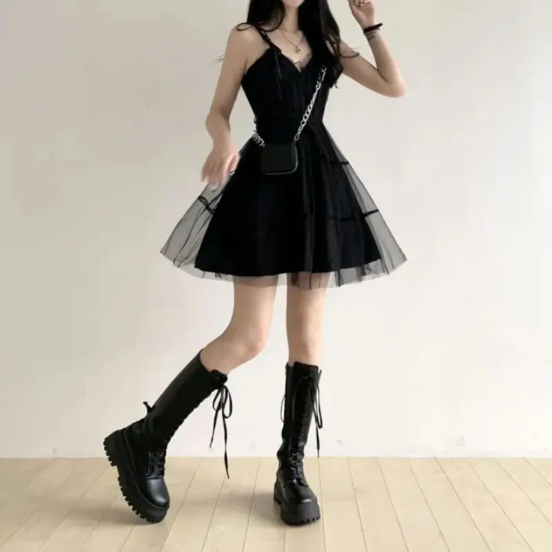REALEFT Summer Y2k Black Mesh Women's Ball Gown Dresses 2025 New Sleeveless Strapless V-neck Party Sexy Mini Dress for Womens
