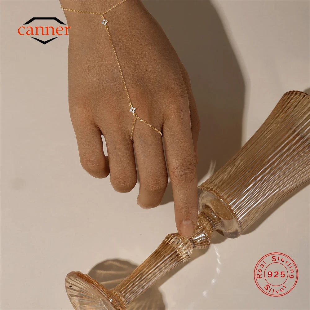 CANNER 925 Sterling Silver Flower Clover CZ Finger Ring Chain Bracelet For Women Ins Hand Chain Horse Eye Jewelry Party Gift