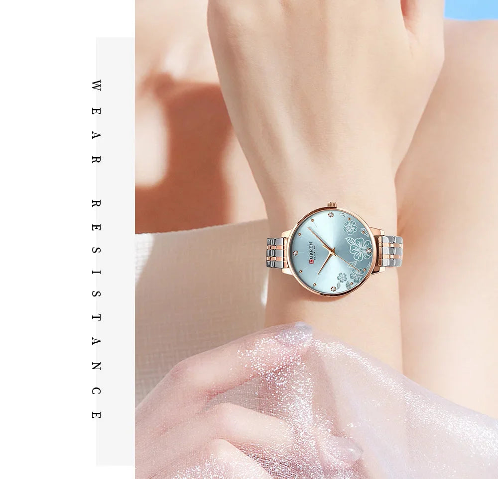 CURREN Fashion Quartz Wristwatches for Women Simple Stainless Steel Watch Bracelet with Flower Design Dial