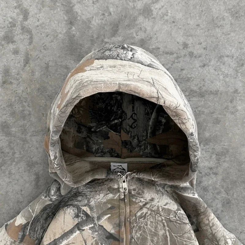 Y2k Camouflage Zipper Hoodie Men Clothing Oversized Zipper Sweatshirt American