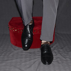 Luxury Genuine Leather Mens Business Dress Shoes Black Cap Toe Lace-Up Oxfords
