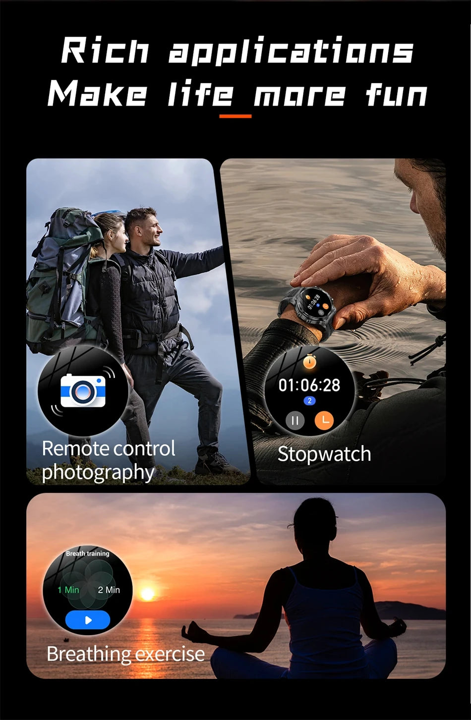 Rugged Outdoor Sports AK82 Smartwatch 1.85" HD Touchscreen 800mAh Long Battery Life Fitness Tracker Calorie Distance Smart Watch