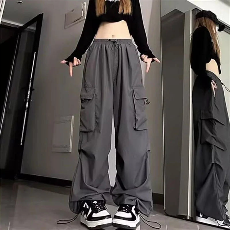 Baggy White Parachute Cargo Pants Y2K High Waist Shirring All-Match Trousers