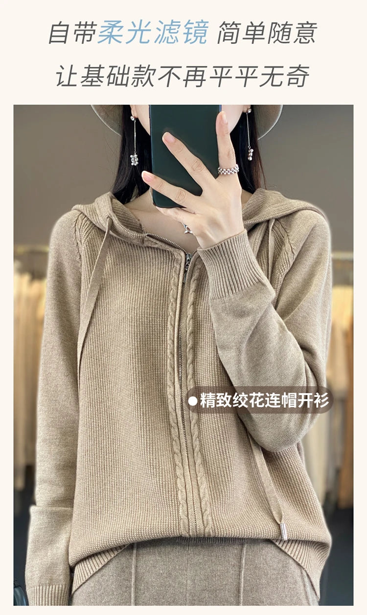 autumn and winter hooded cardigan women's knitted top loose sweater casual