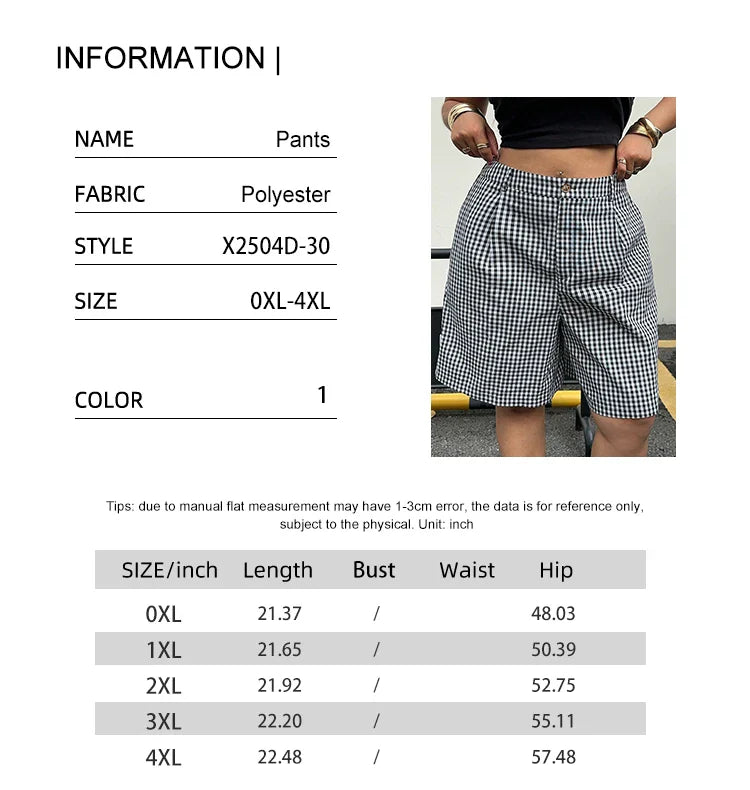 Ladies plus Size Spring Simple Casual Black White Plaid Shorts Wide Leg Pants Trousers for Women