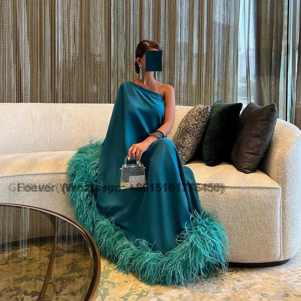 Homecoming Dresses: Green Feathers Satin Evening Dresses Formal Party Prom Gowns