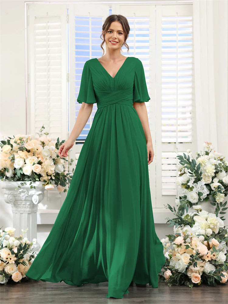 Evening wear Dresses: Half Sleeves Split Side Chiffon Bridesmaid Dresses