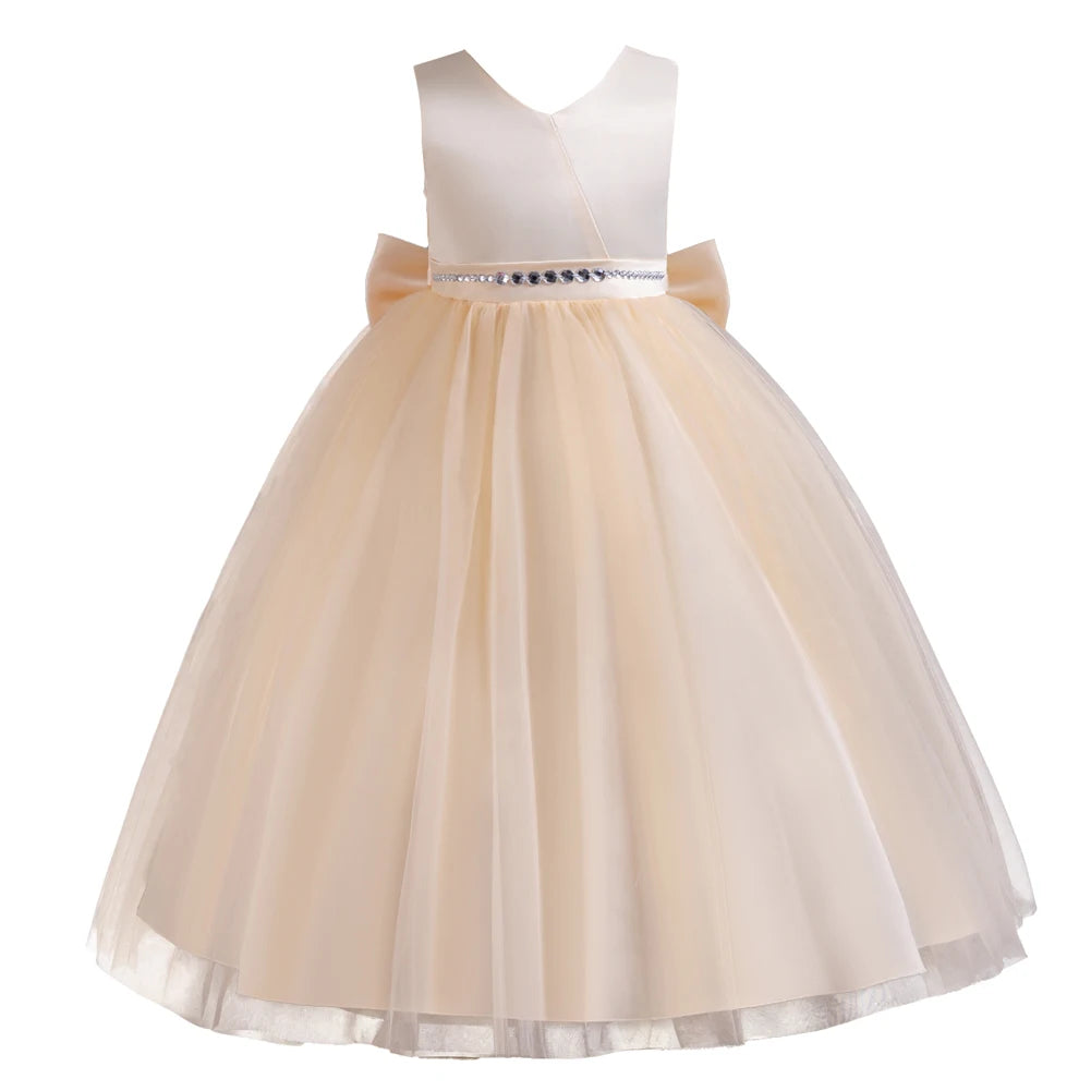 Sleeveless Big Bow Solid Princess Dress Piano Performance Dress Holiday Party Host Dress Flower Girl Wedding Evening Dress