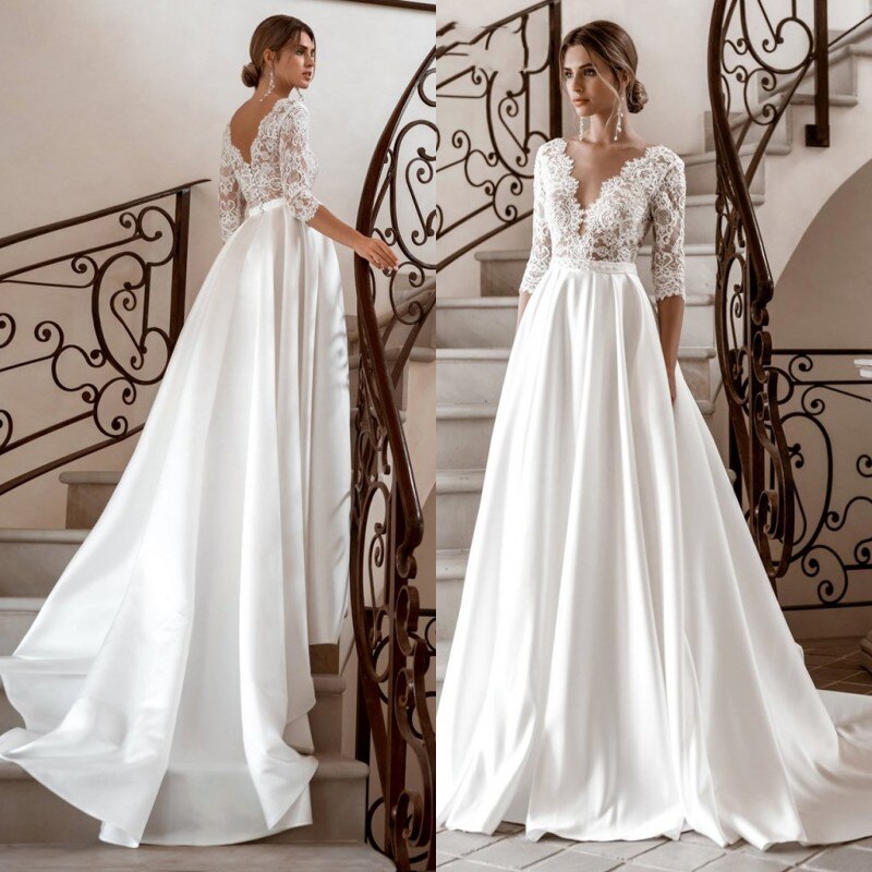 White Bridesmaid Dresses: Wedding Dresses V-Neck Satin A-Line Bridal Gown