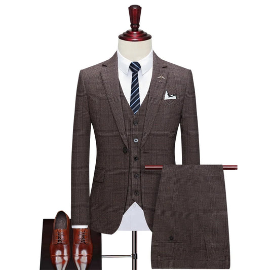 Men's Casual Boutique Business Retro British Style Plaid Blazers Jacket Trousers Waistcoat