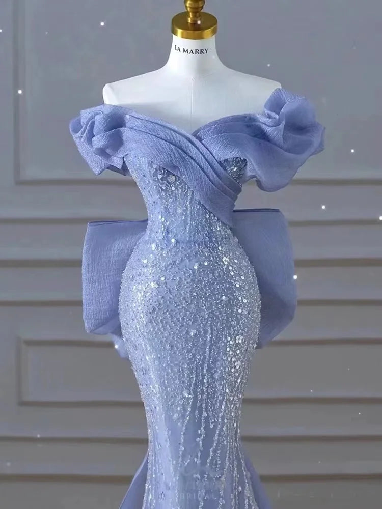 Homecoming Dresses: Evening Dresses Blue Bowknot Sweep Train Bodycon