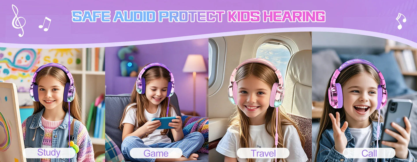 Kids Headphones Wired for School 85/94dB Volume Limiter Foldable Stereo Sound Headset with Mic for Kids Girls Learning Tablet PC