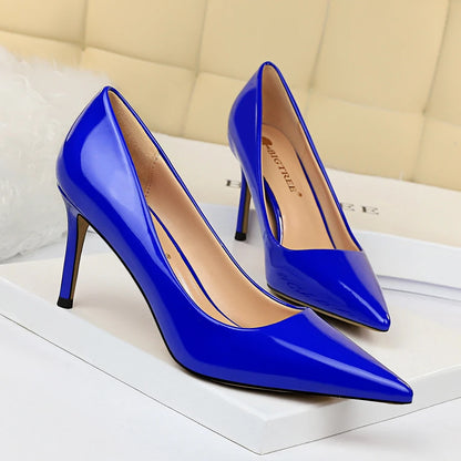 Women 8.5cm High Heels Scarpins Pumps Lady Blue Yellow Silver Glossy Leather Fetish Wedding Bridal Mid Low Heels Party Red Shoes