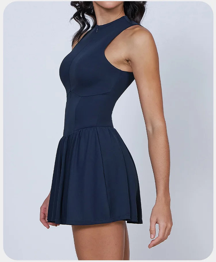 BIANHUI Women's Summer Sundress Fake Two-Piece Stand Collar Dress Running Anti-Exposure Base Layer A Flared Tennis Skirt
