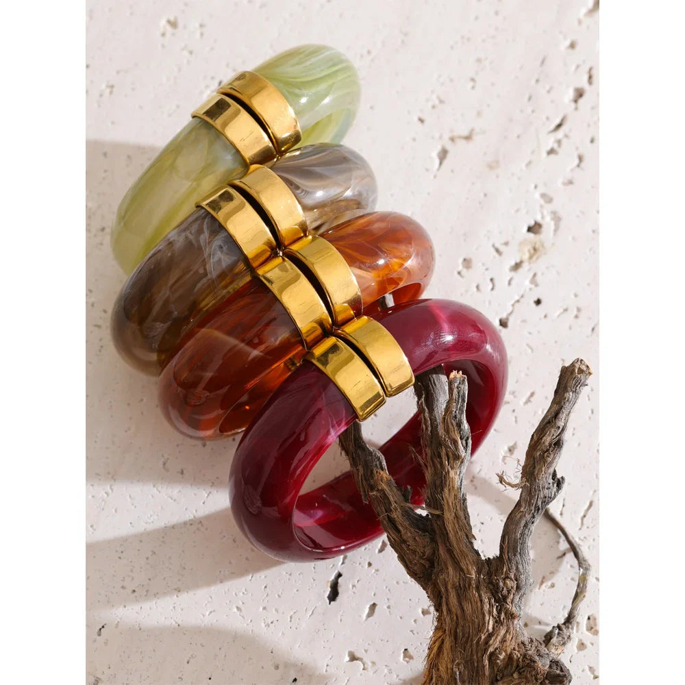 Yhpup 66mm Green Pink Brown Purple Acrylic Thick Bracelet Bangle for Women Stainless Steel Arrivals 2025 Wrist Jewelry Gift