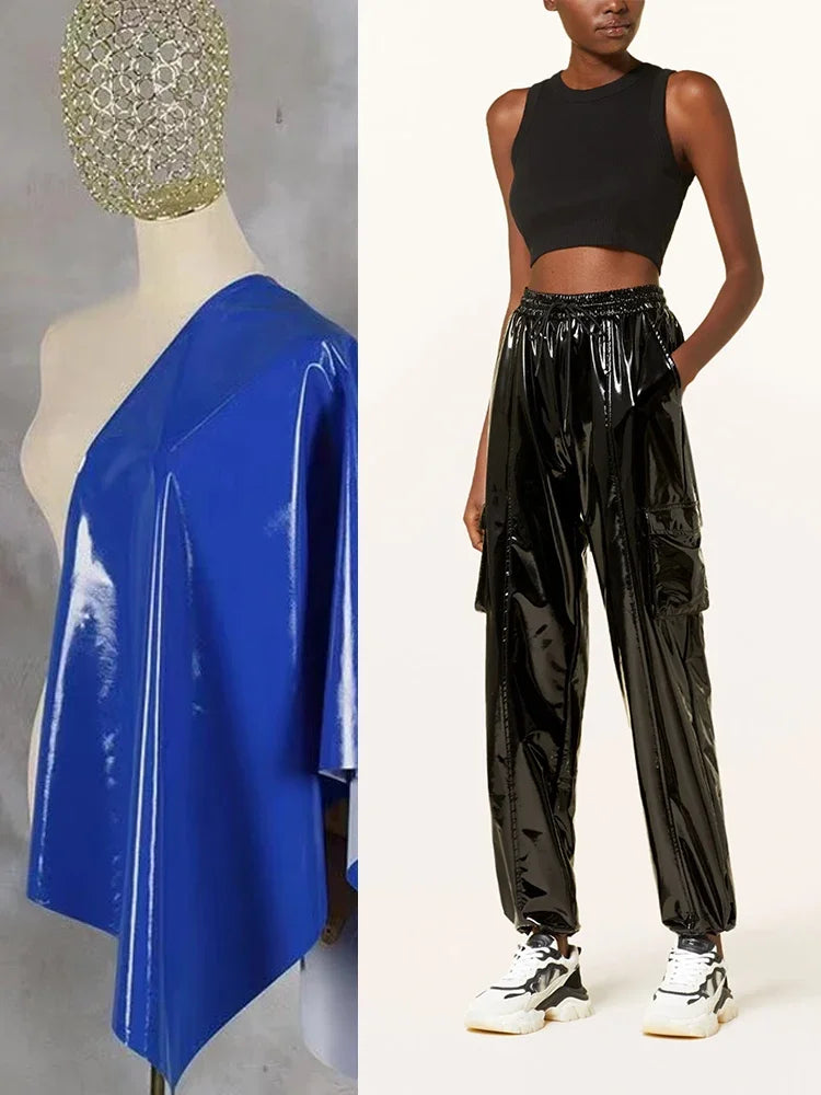 Casual High Waist Faux Latex Cargo Pants Women Shiny Patent Leather Drawstring