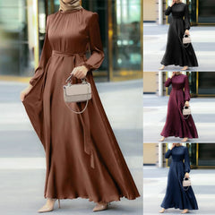 Women'S Muslim Party Solid Satin Maxi Dress Summer Chic Elegant Puff Sleeve