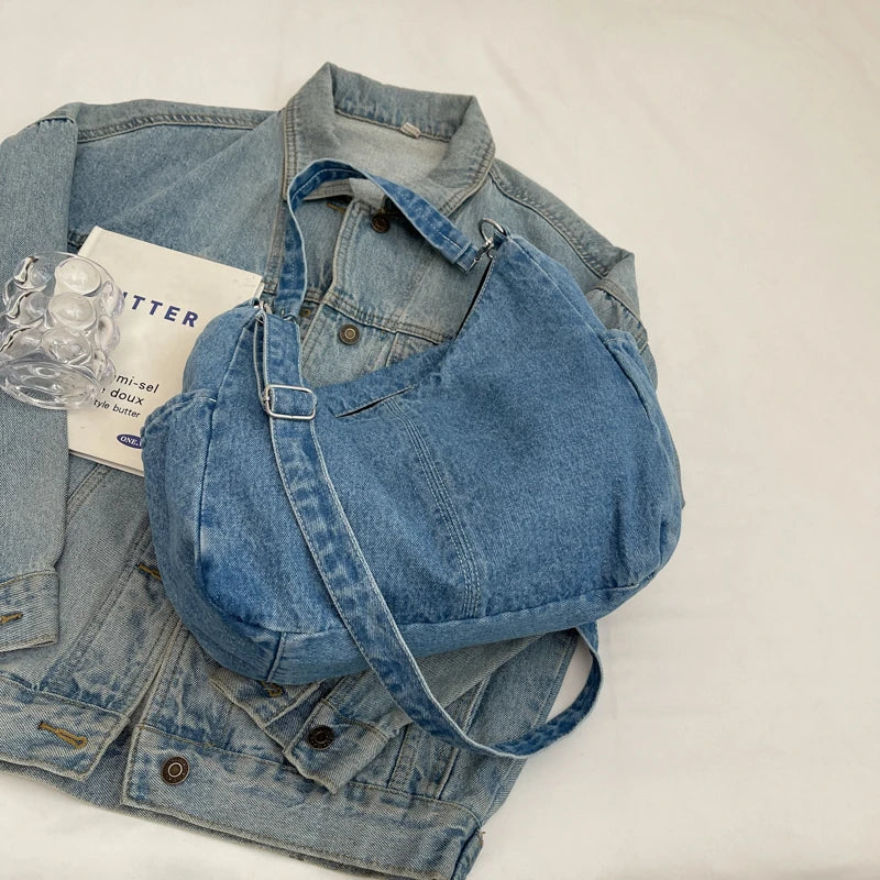 Women's minimalist and fashionable casual denim shoulder bag, zippered shopping bag