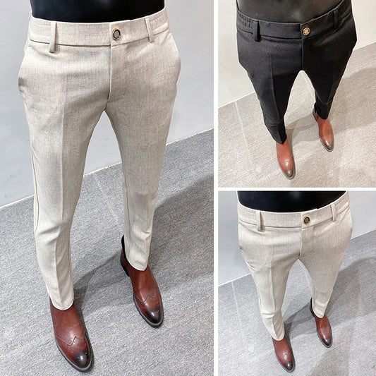 Men's Linen Suit Trousers Male Slim Fit Solid Color Business Casual Pants