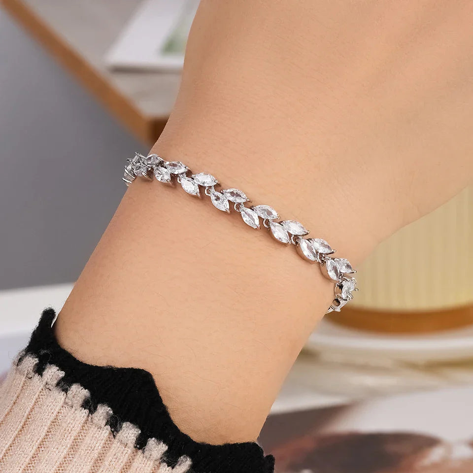 ZAKOL Fashion White Leaf Bracelets Bangles for Women Shinny Marquise Cut Cubic Zirconia Bridal Wedding Party Jewelry BP061
