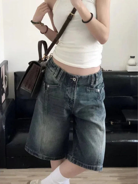 HOUZHOU Y2K Vintage Women Denim Shorts Baggy High Waist Korean Wide Leg Jorts Casual Oversize Washed Jeans Streetwear Summer