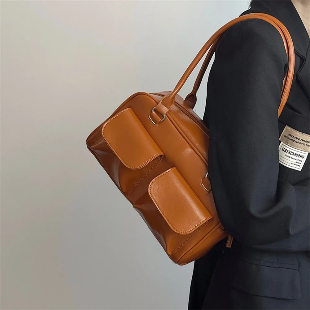 Women Zipper Shoulder Bag Fashion Leather Tote Handbag Casual Retro Satchel Bag