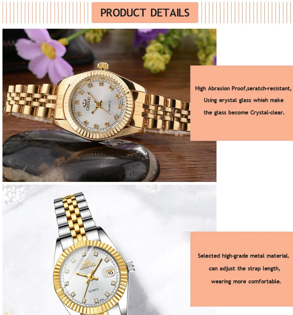 CHENXI Super Hot Sale Luxury Women's Watch Quartz Golden Stainless Steel Small Dial Charm Dress Trendy Wristwatch for Fashion La