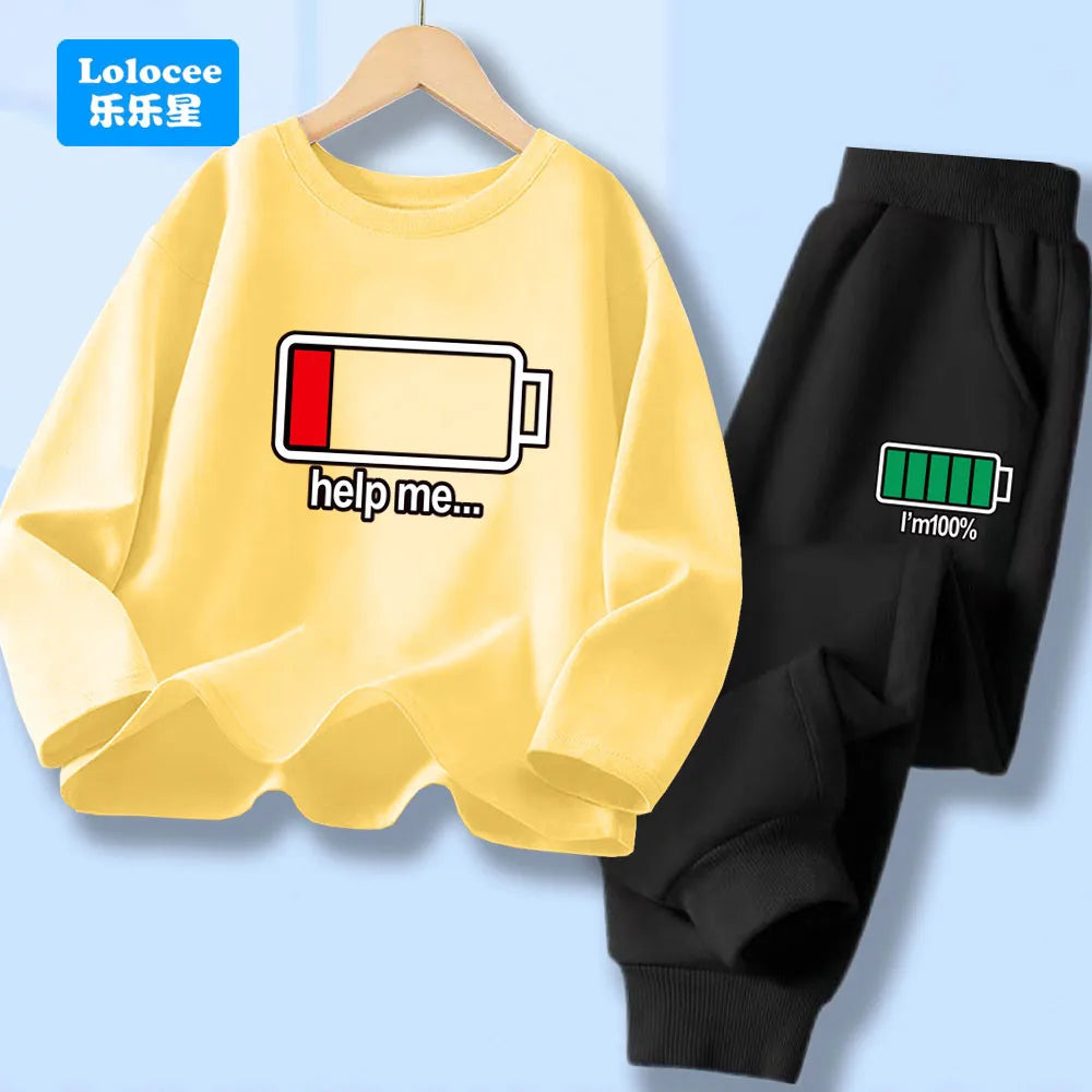 Autumn Kid Boy Long Sleeve 2pcs Clothes Set Children Funny Battery Letter Printed T-shirt Pullover Top And Pants Tracksuits DCW1