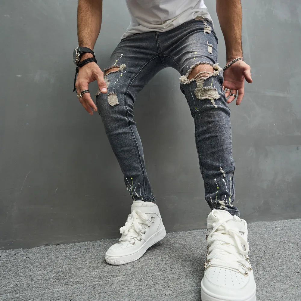 Men Stylish Ripped Skinny Pencil Jeans Pants Streetwear Male Hip Hop Holes