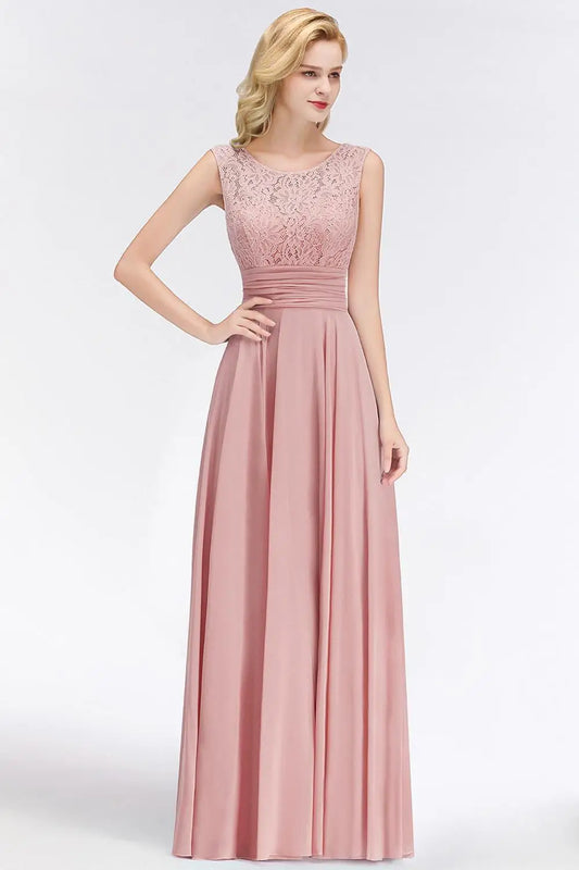 Dusty Pink Chiffon Lace Long Evening Dresses For Women Zipper Back Formal Party Prom Gown With Sashes Vestido De Festa