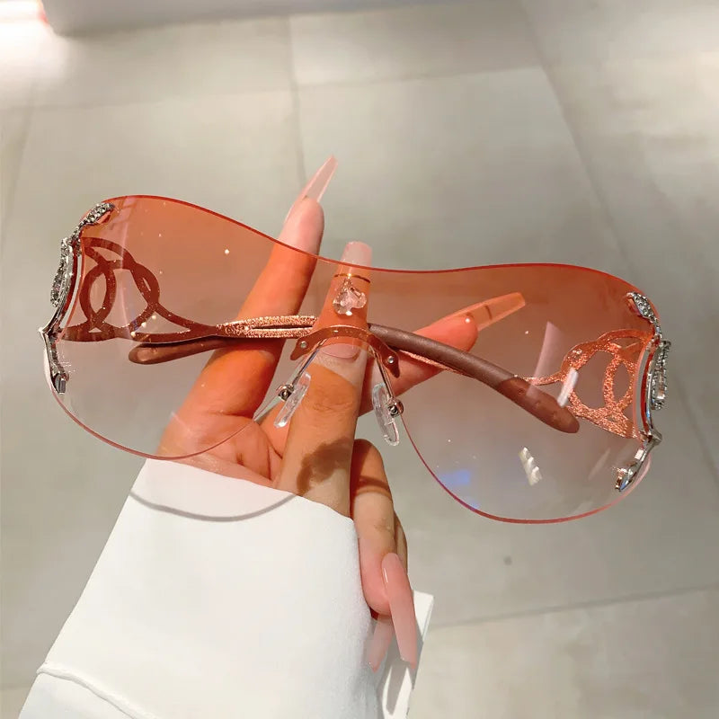 Y2K Rimless Luxury Brand Designer Sunglasses Women For Men One Piece Trendy Oversized Sun Glasses Metal Snake Pink Punk Shades