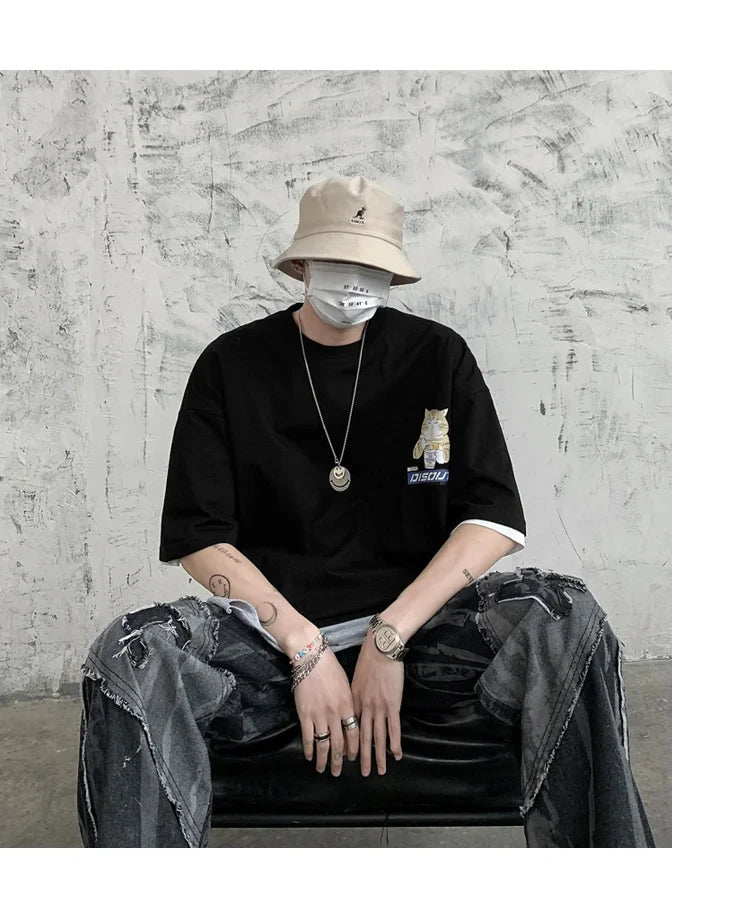 Harajuku Cat Cartoon Eating Noodles Graphic Men Women Tshirts Casual Short Sleeve Tees Japan Style Oversized T Shirt Clothing