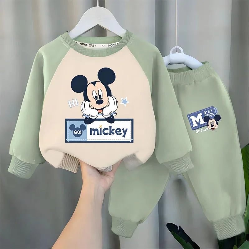 Disney Minnie Spring Fall Kids Casual Sweatshirt Set Children's Splicing O Neck Hoodies and Pants 2pcs Sets Boys Tracksuit