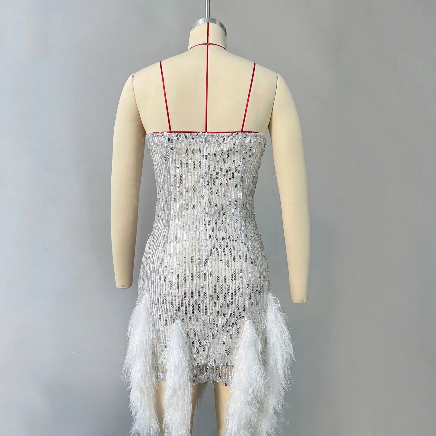 Chic  Elegant Dress Stretchy Tassel Sequins Decor Sexy Bodycon Mini Dress Pure Colors Above Knee Summer Dress Club Wear