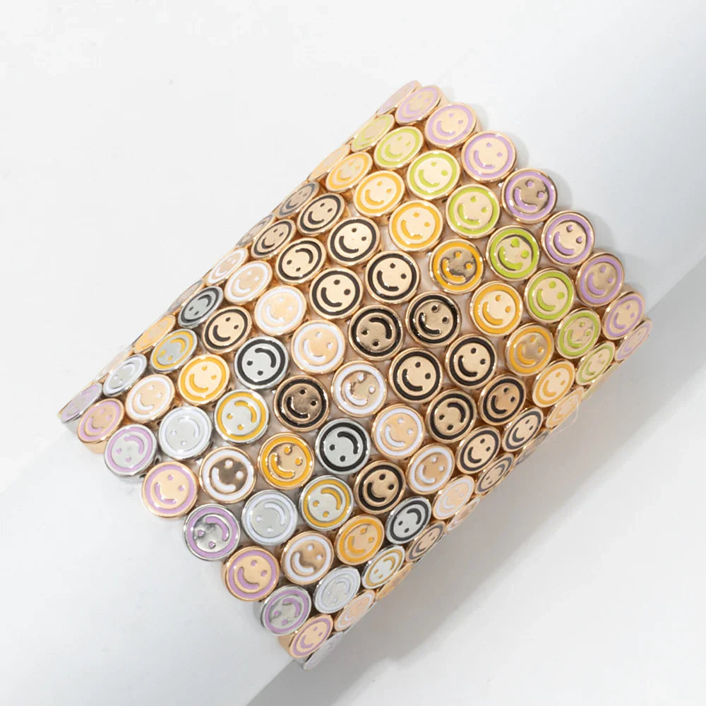 2024 New Happy Bangle Paved Diamond Enamel Beaded Bracelets For Women Boho Gold Color Elastic Bracelets