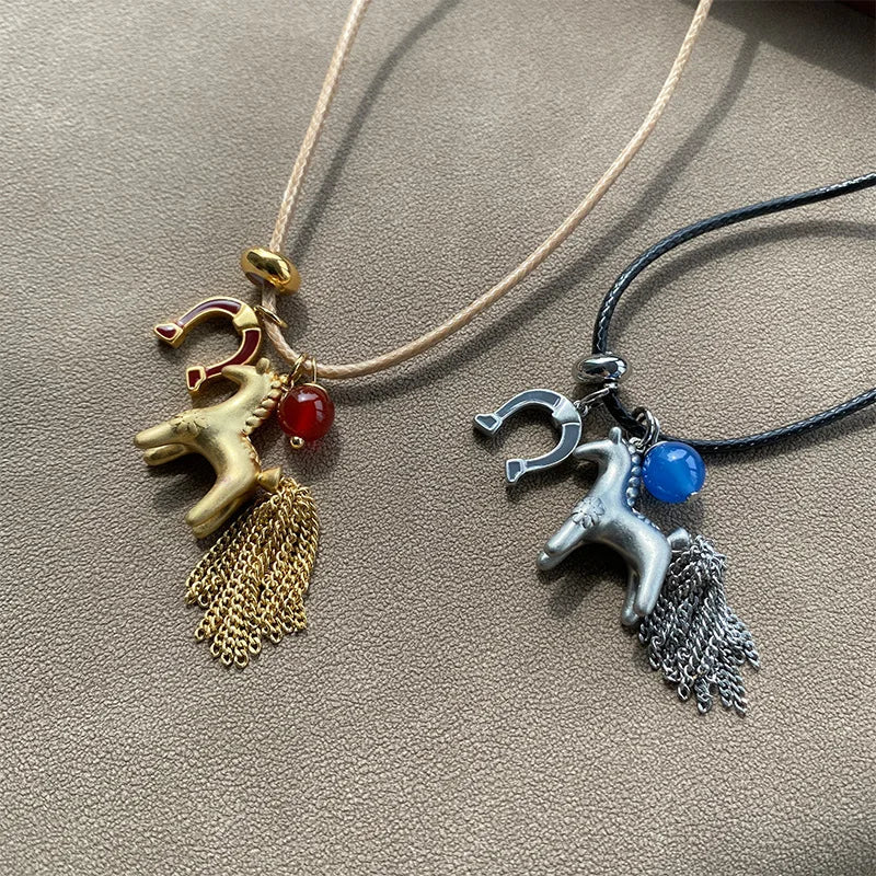 Minar Funny Metallic Cartoon Horse Multi Tassel Beads Pendant Necklaces for Women Female Adjustable Long Wax Rope Chain Chokers
