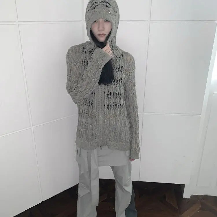 Deeptown Harajuku Zip Up Hooded Cardigan Women Japanese Y2k Style Hollow Crop